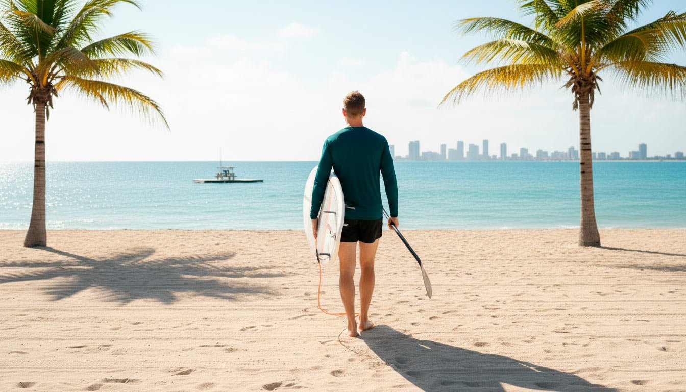 Beach approach with surfboard