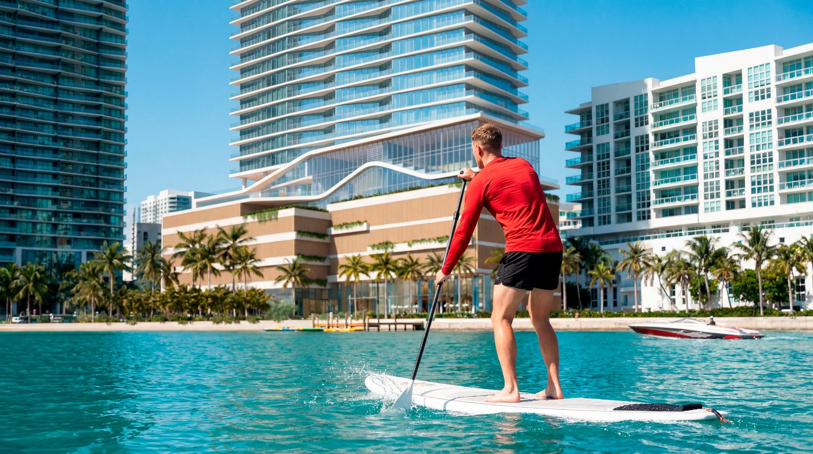 Paddleboarding past the tower