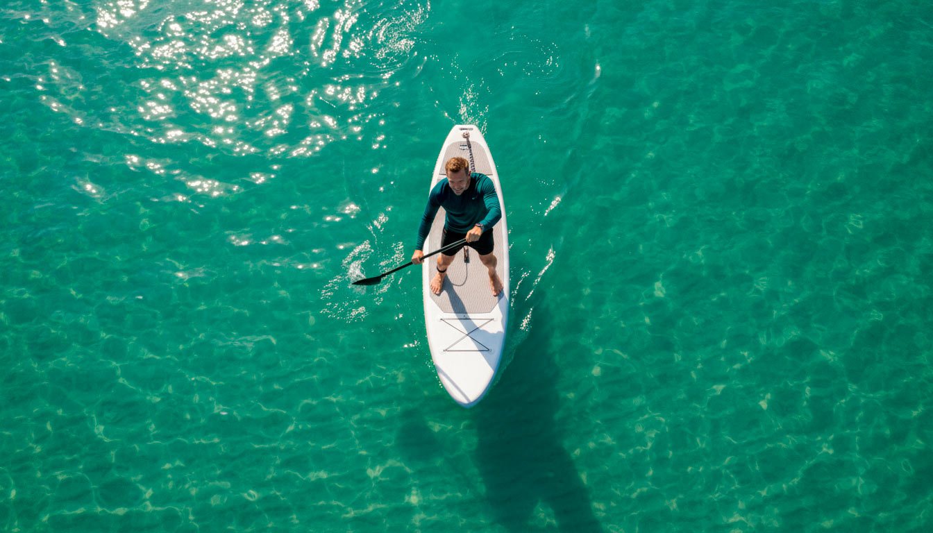 Overhead paddleboard on clear water